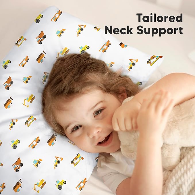 KeaBabies Toddler Pillow with Pillowcase, Jumbo 14X20 - Soft Organic Cotton Toddler Pillows for Sleeping - Machine Washable - Perfect for Travel, Toddler Bed Set (Construction)-CubbioJoy