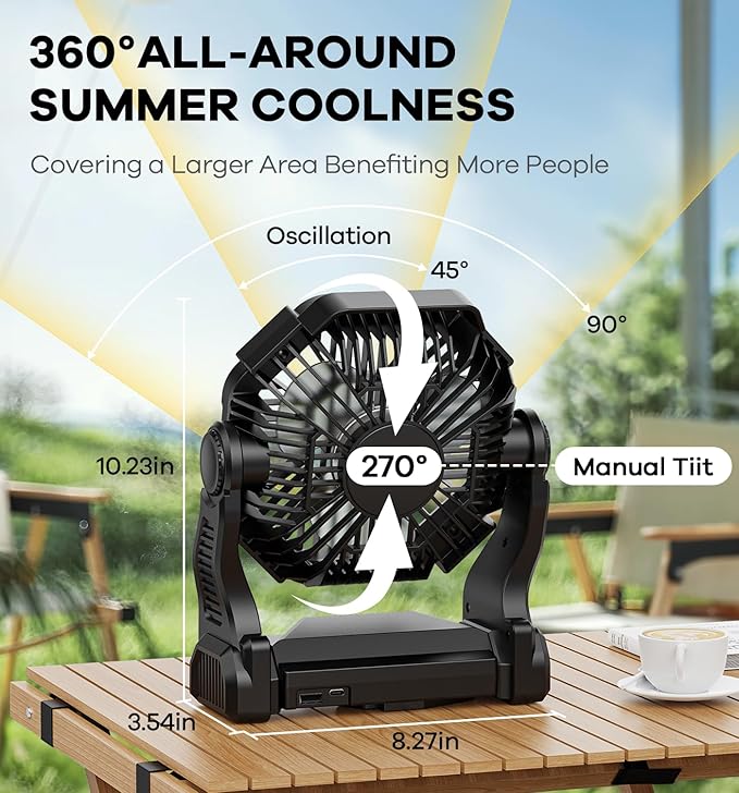 30000mAh Portable Battery Powered Camping Fan - with LED Light, Quiet Battery Operated, Camping Gear for Travel, Tent, Beach, Car or Hurricane Power Outages, Black-CubbioJoy