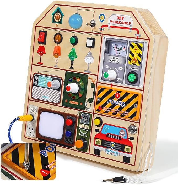 JAUNTY Montessori Wooden Busy Board for Toddlers 3 4 5 Years Old, Wooden Sensory Toddler Toys with LED Light Switches, TV Radio Telegram and Car Driving, Travel Toys Birthday for Boys Girls-CubbioJoy