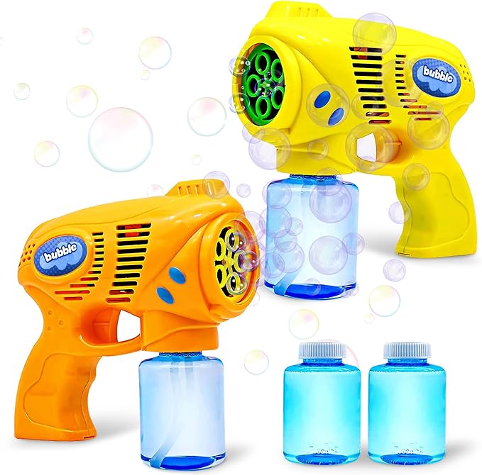 JOYIN 2 Bubble Guns with 2 Refill Solution (10 oz Total), Bubbles Maker, Blower for Kids, Toddlers, Outdoors Activity, Birthday Gift, Easter Basket Stuffers (Yellow+Orange)-CubbioJoy