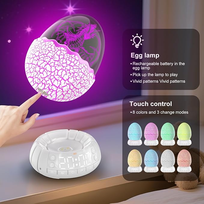 Dragon Egg Alarm Clock with Sunrise Simulation, Wireless Bluetooth Speaker, Portable Touch Control Dragon Egg Night Light, 20 Soothing Sounds, Unique Gift for Kids Adults, Home Desk Decor-CubbioJoy