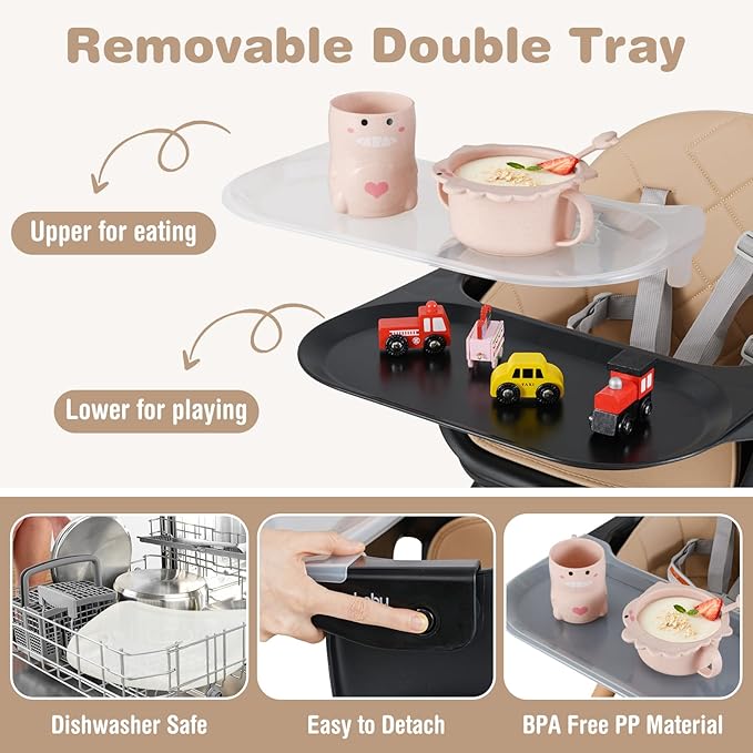 BABY JOY Baby High Chair, 6 in 1 Convertible Wooden High Chair for Babies & Toddlers with Adjustable Legs, Double Removable Tray, Safety Harness & Waterproof PU Cushion (Coffee)-CubbioJoy