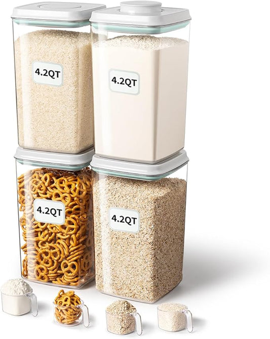 Ankou Airtight Food Storage Container with Pop Lid & 130ml Scoop, 4L/4.2qt *4 BPA-Free Cereal, Rice, Flour, Pasta & Snack Container, Stackable & Durable,Kitchen Pantry Organizer-CubbioJoy