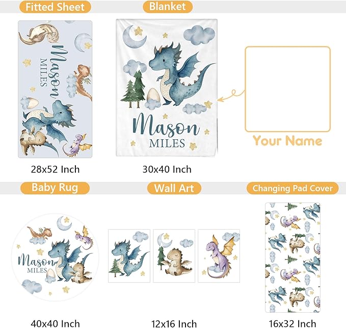 Custom Baby Crib Bedding Set, 5 Pcs Personalized Name Baby Crib Sets for Infant Toddler, Blue Dinosaur Nursery Bedding Set for Baby Boy, Double Layer Baby Bedding Sets Customized Gifts-CubbioJoy