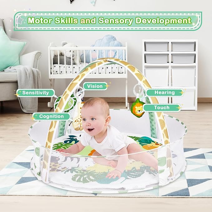 Baby Play Mat, 4-in-1 Baby Play Gym Tummy Time Mat with Ball Pit and 5 Detachable Toys for Newborn to Develop Sensory Exploration and Motor Skill 0-6-12 Months-CubbioJoy