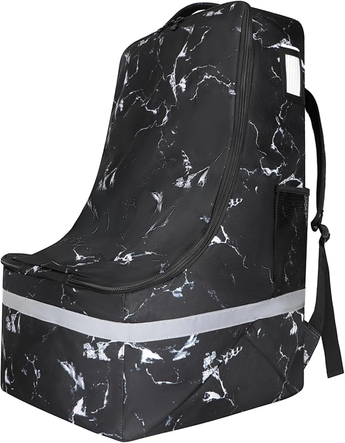 Car Seat Travel Bag for Airplane,Infant Seat Travel Bag with Shoulder Strap,Padded Car Seats Backpack with Reflective Stripes,Large Carseat Carrier Bag Travel Car Seat Cover, Black marble-CubbioJoy