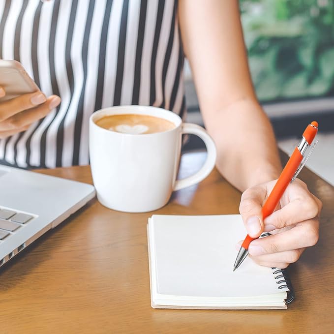 8 Pieces Ballpoint Pen with Stylus Tip Black Ink 2 in 1 Stylus Metal 1.0 mm Medium Point Smooth Pen Rainbow Colorful Rubberized Ballpoint for Touch Screen Tablet(Orange)-CubbioJoy