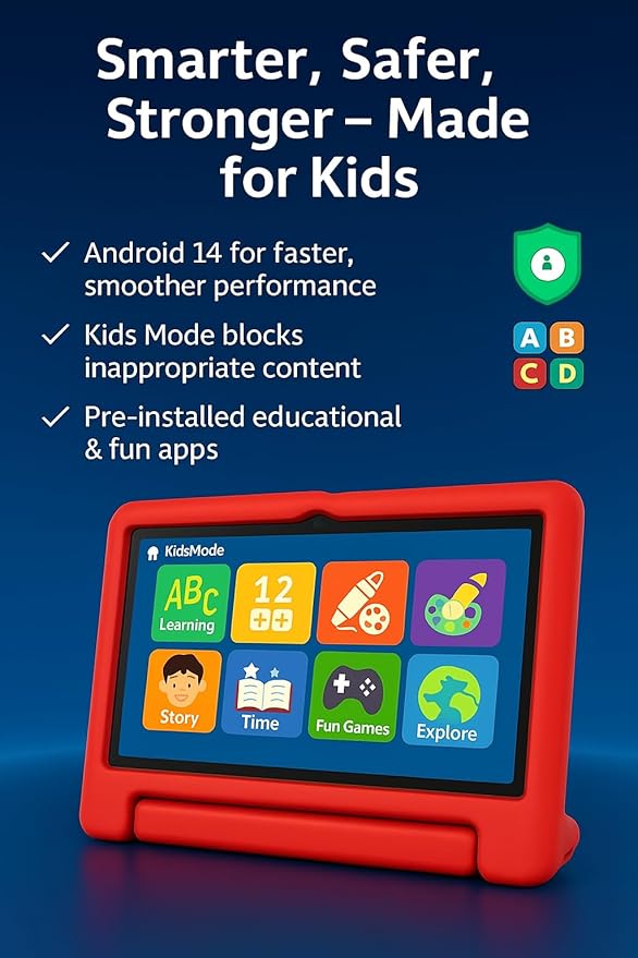10.1 Inch Kids Tablet with Shockproof Case | Android 14, 64GB+8GB RAM, 12H Battery | Parental Control, Google Kids Space & Preloaded Educational Apps | WiFi 6, HD Display, Ages 3-12-CubbioJoy