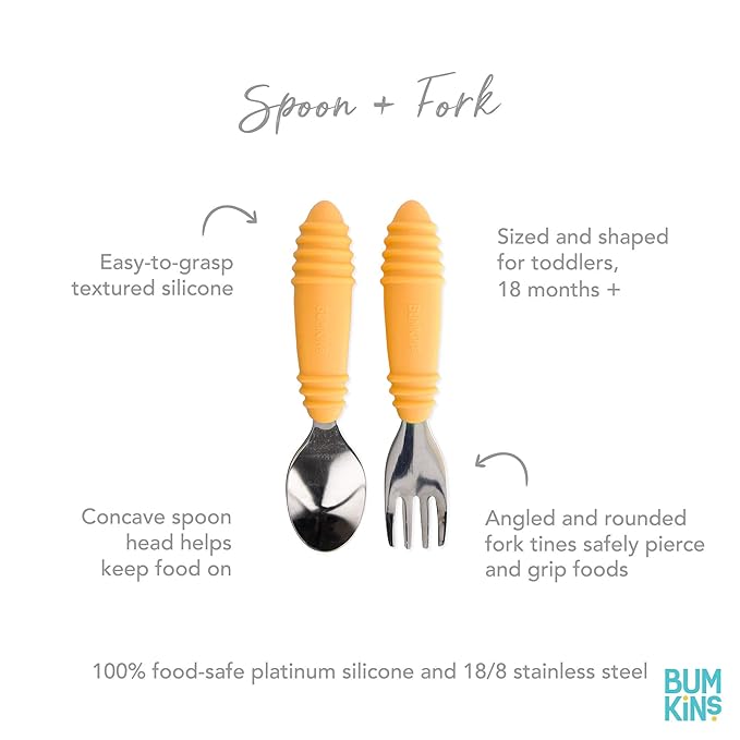 Bumkins Toddler Utensils, Kids Size Fork and Spoon Set, Silicone and Stainless-Steel Training Silverware, Angled Forks / Sporks for Self-Feeding, Children Learning to Eat, 18 Mos Up, Tangerine Orange-CubbioJoy