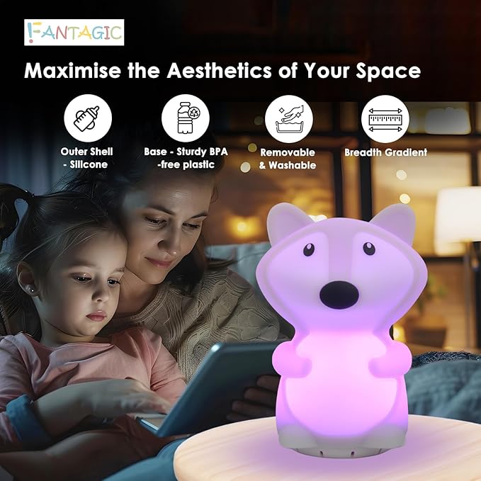 Combined Bluetooth Speaker & Nightlight With 9 Color Emissions, Child Friendly Silicone & BPA Free, USB Recharging, Receives Audio From Computer, Phone Or Tablet, and includes Remote Control (Fox)-CubbioJoy