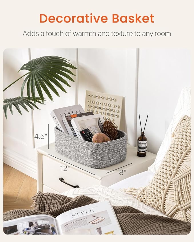 KALLAX Small Woven Basket, 12 x 8 x 4.5 Inches, Storage Basket for Organizing, Cute Small Rope Shelf Closet Cube Storage Bins Baskets for Shelves, Dog Toy Gift Baskets Empty, 3 Packs, Mixed Grey-CubbioJoy