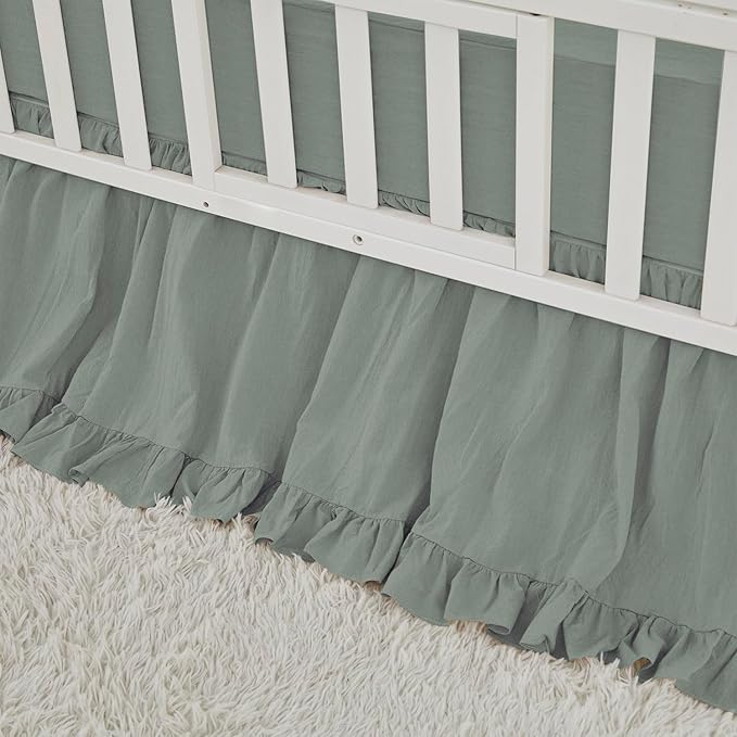 Brandream Gender Neutral Boho Bohemian Baby Girl Boy Nursery 3 Pieces Crib Bedding Set Solid Green Farmhouse Chic Ruffle Unisex Cozy 100% Washed Cotton-CubbioJoy