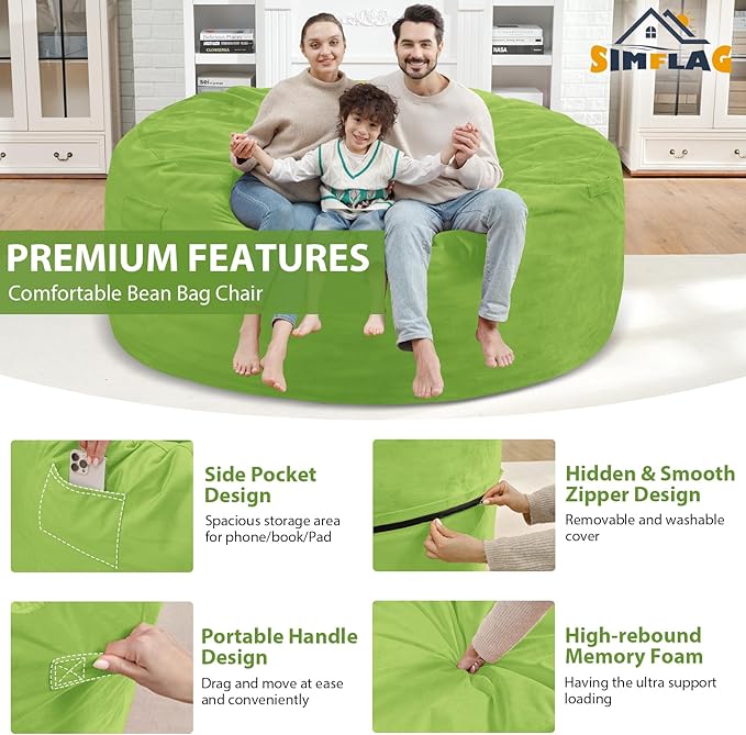 6FT Bean Bag Chair, Large Bean Bag Chairs with Memory Foam Filled, Fluffy Beanbag Sofa with Dutch Velvet Cover, Round BeanBag Chairs for Living Room, Playroom - Lime-CubbioJoy