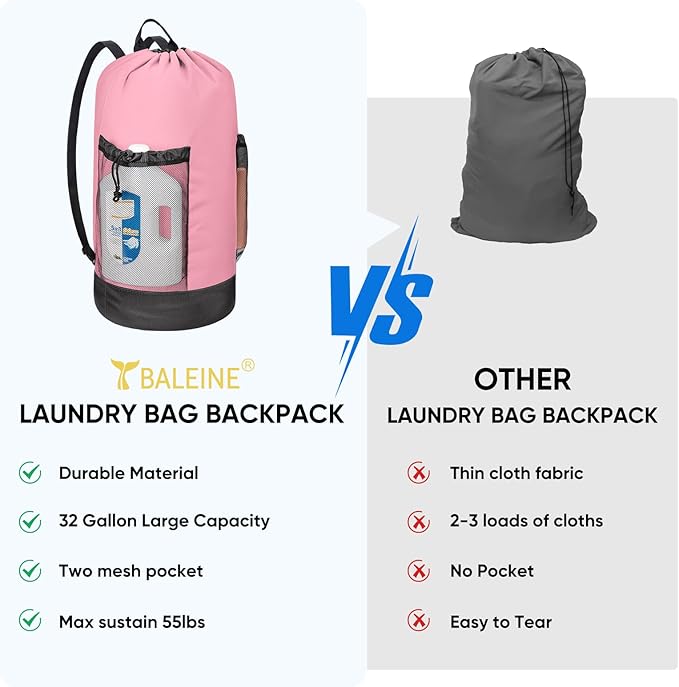 BALEINE 150L Laundry Bag Backpack, 900D Oxford Fabric Large Travel Laundry Bags with Shoulder Straps and 2 Mesh Pockets for College Dorm, Apartment, Laundromat (Pink, 150L)-CubbioJoy