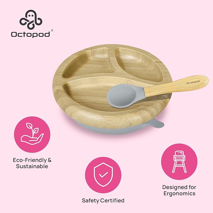 Abiie Octopod Bamboo Dish - Kids Plates for 4 months and up, 3-Compartment Baby Plates with Suction, Round Bamboo Baby Plate, Mess-Free Toddler Suction Plates, Baby Feeding Supplies, 7.5 x 7.5 x 1.9in-CubbioJoy