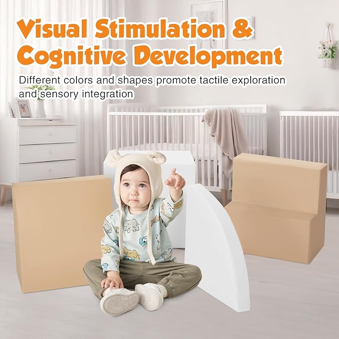 4-Piece Soft PU Leather Toddlers Climbing Toys, Baby Foam Climbing Blocks for Toddlers 3, Foam Play Gym Climbing Structures, Indoor Climb and Crawl Activity Play Set (White and Coffee)-CubbioJoy