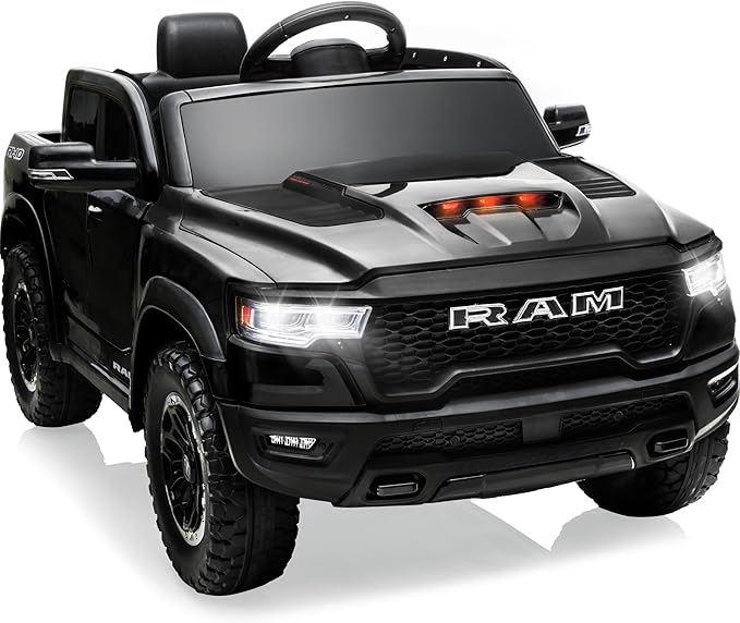 12V Licensed Ram 1500 Ride on Toy for Kids, Toddler Ride on Pickup Truck with Parent Remote Control, Electric Car for Kids with Truck Bed Storage, 3 Point Safety Belt (Black)-CubbioJoy