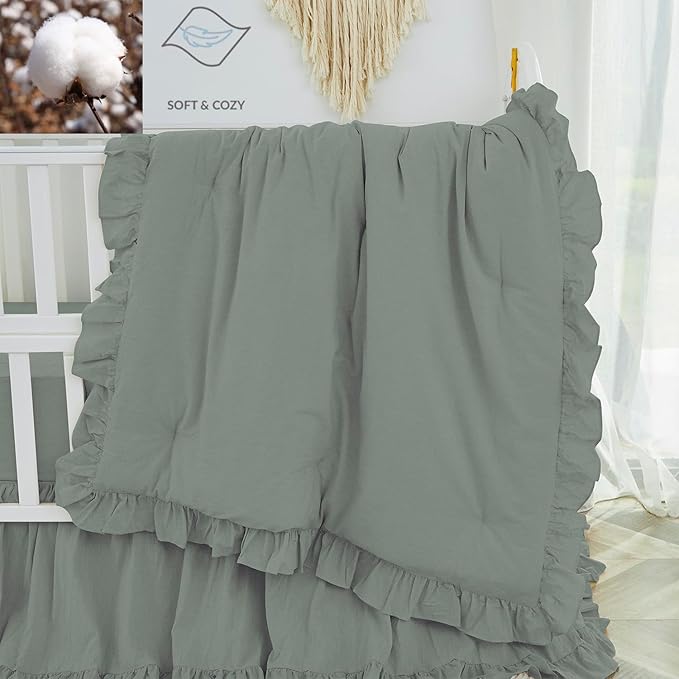 Brandream Gender Neutral Boho Bohemian Baby Girl Boy Nursery 3 Pieces Crib Bedding Set Solid Green Farmhouse Chic Ruffle Unisex Cozy 100% Washed Cotton-CubbioJoy