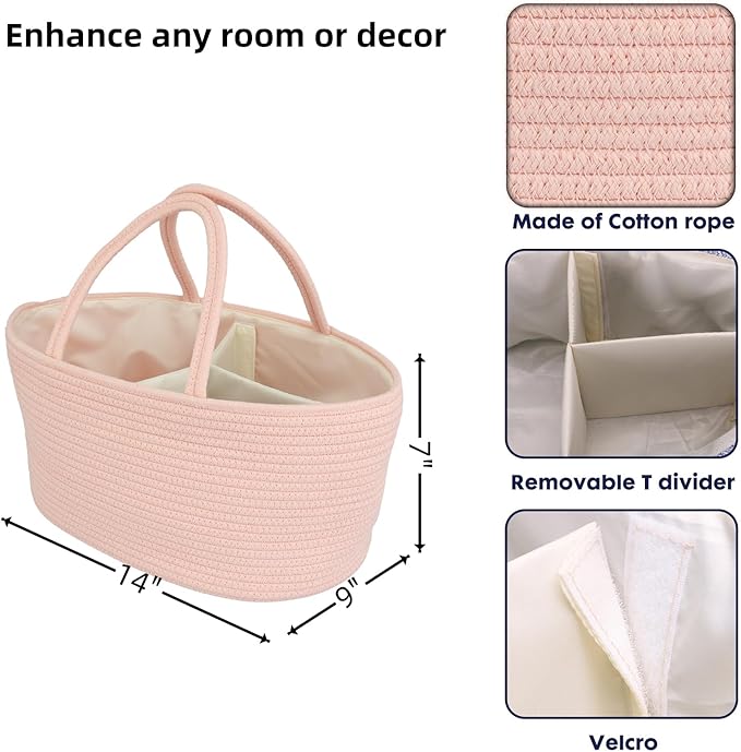 Diaper Caddy Organizer Cotton Rope Baby Basket Nursery Storage and Portable Tote Bag for Car Ideal Baby Shower Gifts and Registry Must-Have for Newborn Essentials coral pink-CubbioJoy