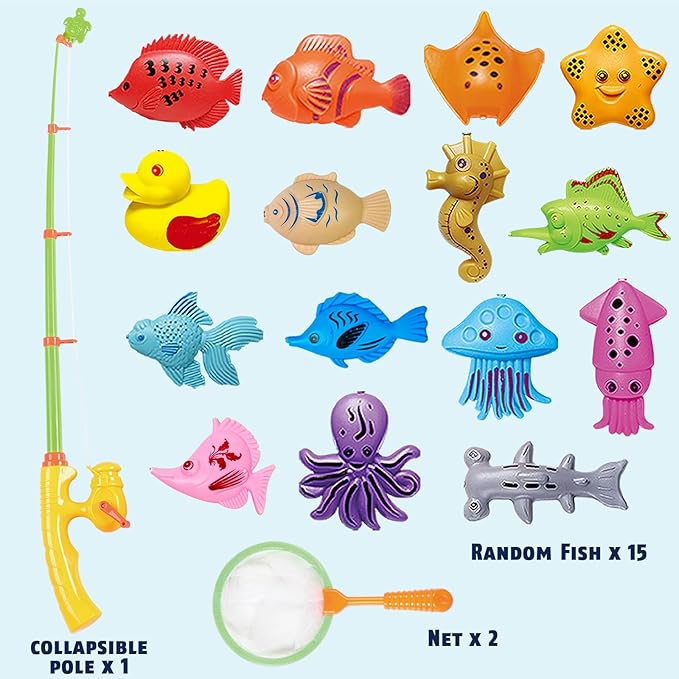 CozyBomB™ Kids Fishing Bath Toys Game | Magnetic Floating Toy Magnet Pole Rod Net, Plastic Floating Fish Toddler Pool Education Teaching and Learning Colors Birthday Age 3 4 5 6 Year-CubbioJoy