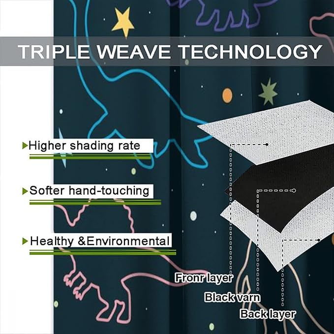 Cartoon Colorful Dinosaur Curtains for Kids Boys Girls Home Decor, Astronaut Funny Outer Space Star Blackout Rod Pocket Window Drapes for Bedroom Living Room W21xL63in 2 Panels-CubbioJoy