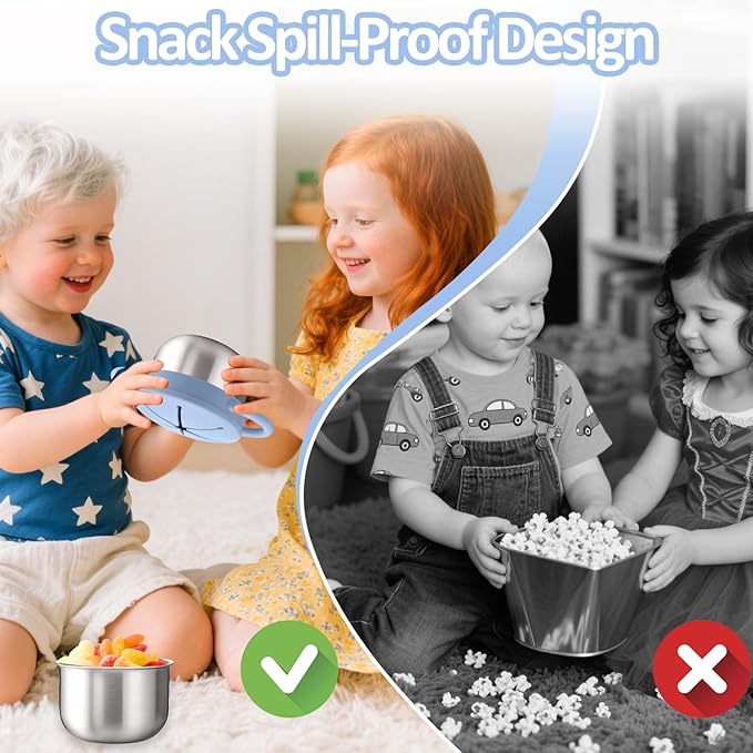 BUSOHA 2 Pack Stainless Steel Toddler Snack Cups - 9 OZ Spill-Proof Baby Snack Containers with Silicone Catcher and Lid Travel Snack Containers for Kids Food Grade Silicone Dishwasher Safe-CubbioJoy