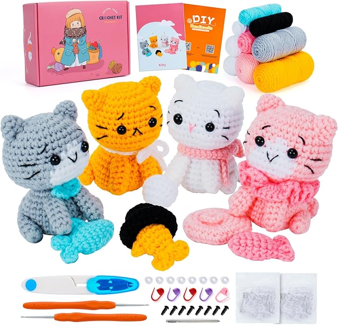 Crochet Kit for Beginners - Cat Crochet Kit with Step-by-Step Video Tutorials, Learn to Crochet Kits for Adults and Kids, 4 PCS Crochet Animals Cat with Hat, Toy, Fish Crocheting Set-CubbioJoy