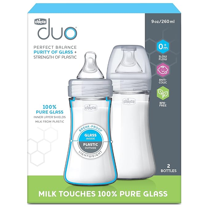 Chicco Duo 9oz. Hybrid Baby Bottle with Invinci-Glass Inside and Plastic Outside | Dishwasher, Bottle Warmer, and Electric Sterilizer Safe | Intui-Latch Nipple | Clear/Grey, 2pk-CubbioJoy