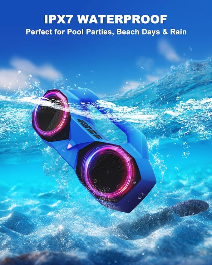 Bluetooth Speaker 80W(Peak)Loud with Bass, 20H Playtime, IPX7 Waterproof, RGB Lights, TWS, Large Portable Wireless Speakers for Outdoor, Home, Party, Pool, Beach, Tailgating, Gym, Work, Gifts (Blue)-CubbioJoy
