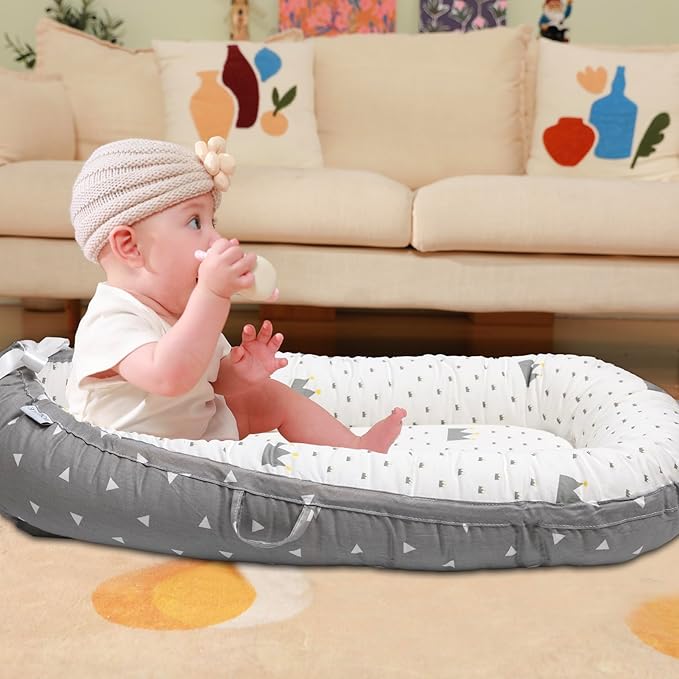 Baby Lounger | Organic Cotton Infant Lounger | Reversible, Adjustable & Portable Floor Lounger | Soft, Breathable, Washable Cover-CubbioJoy