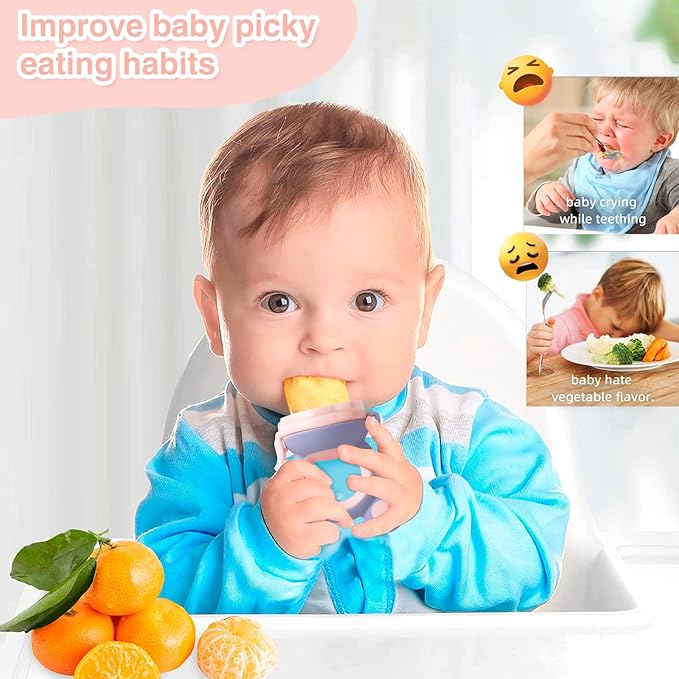 Baby Solids/Frozen Fruit Feeder Pacifier, Infant Teether Toy 4M+, BPA-Free Silicone Pouch & Nipple, Safely Introduce Solids, Teething Relief, 2-Pack - Yellow/Purple (Mouse)-CubbioJoy