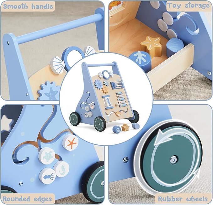 Beright Wooden Baby Walker Push and Pull Learning Activity Walker with Wheels Montessori Walker Toy Multiple Activities Center Develops Motor Skills & Stimulates Creativity (Blue)-CubbioJoy