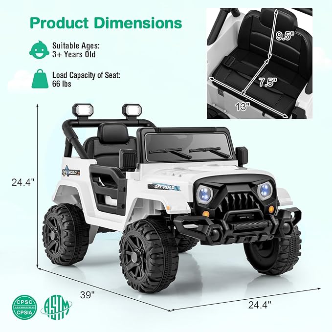 Costzon 12V Kids Ride on Truck Car, Electric Vehicle w/Remote Control, Threaded Wheels, 3 Speeds, LED Lights, Music, Horn & Wireless Connection, Battery Powered Ride on Toy for Boys & Girls 3+ (White)-CubbioJoy