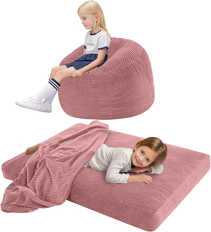 COMAX Kids Bean Bag Chair Turn into Beanbag Bed, Toddler Bean Chair Corduroy for Girl Boy Sleeping, Lazy Children Bean Bags with Filler, Convertible Child Floor Mattress, Light Pink-CubbioJoy