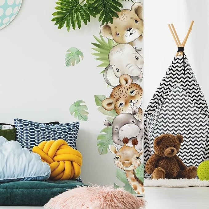 55.1 x 15.7 Inch Watercolor Jungle Animal Wall Decals - Forest Animal Sticker With Elephant, Tiger, Giraffe for Baby Nursery, Playroom, Bedroom, Classroom, Kindergarten Decor-CubbioJoy