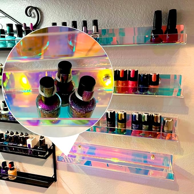 4 Pack 15 Inch Iridescent Acrylic Shelves, Clear Rainbow Floating Shelves for Wall, Modern Sunglasses Essential Oil Picture Ledge Display Toy Storage Wall Shelf-CubbioJoy
