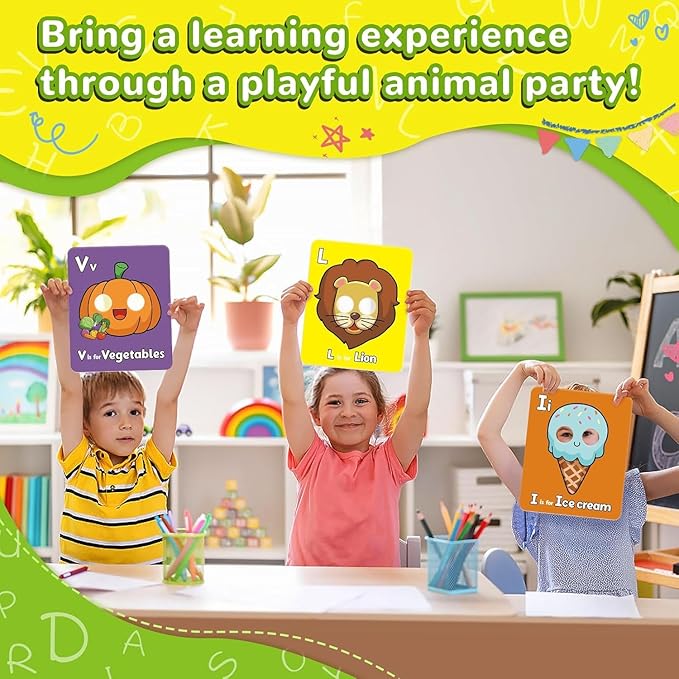 Alphabet ABC Flash Cards with Animal Masks, Animal mask Alphabet Cards, Interactive Education Games, Learn Letters, English Phrases(26 Pcs Colorful)-CubbioJoy