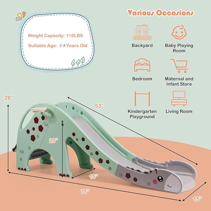 BABY JOY Toddler Slide, Kids Large Slide Play Climber Set with Long Slipping Slope, Basketball Hoop and Ball, Enclosed Steps, Easy Assemble Indoor Outdoor Backyard Freestanding Slides for Kids Age 1-8-CubbioJoy