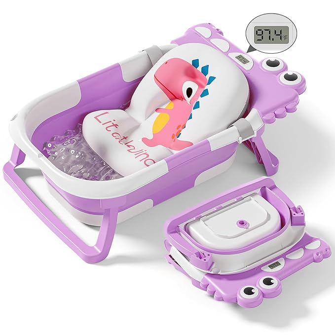 Collapsible Baby Bathtub for Newborn, Foldable Baby Bath Tub with Thermometer & Soft Floating Cushion & Drain Hole, Portable Travel Infant Bath Tubs for Newborns to Toddlers 0-36 Months Girls-CubbioJoy
