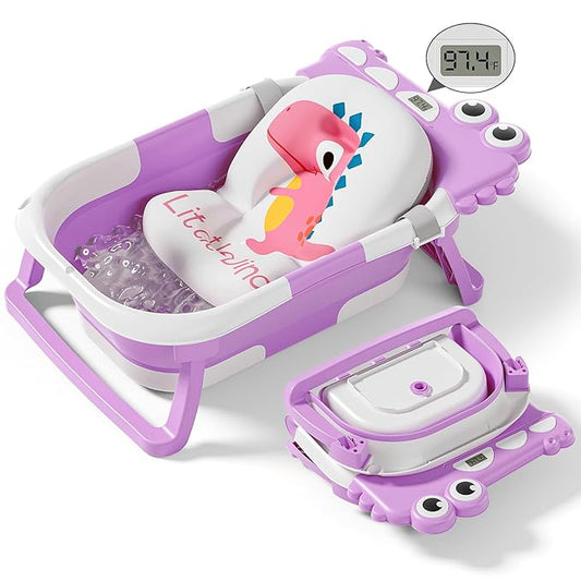 Collapsible Baby Bathtub for Newborn, Foldable Baby Bath Tub with Thermometer & Soft Floating Cushion & Drain Hole, Portable Travel Infant Bath Tubs for Newborns to Toddlers 0-36 Months Girls-CubbioJoy