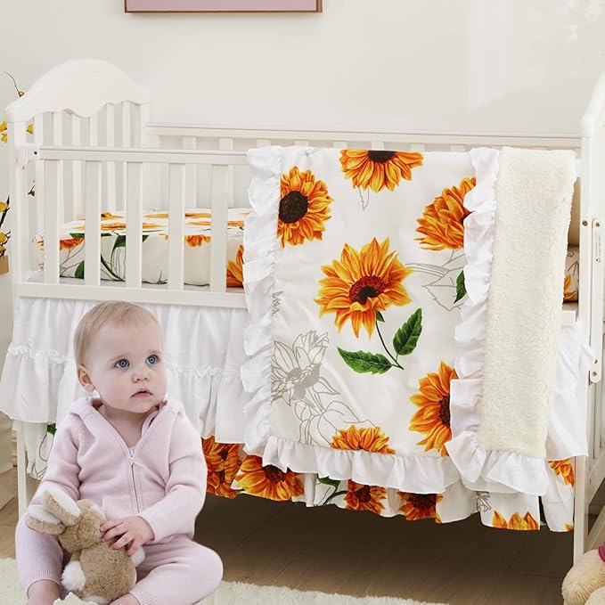 Brandream Girls Floral Nursery Bedding Yellow White Crib Bedding Sunflower Baby Blanket 3 Piece,Farmhouse Fitted Sheet, Ruffle Skirt-CubbioJoy