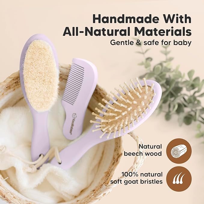 Baby Hair Brush and Comb Set for Newborn - Wooden Baby Hair Brush Set with Soft Goat Bristle, Baby Brush Set for Newborns, Baby Brush and Comb Set Girl, Boy, Toddler Cradle Cap Brush (Oval, Thistle)-CubbioJoy