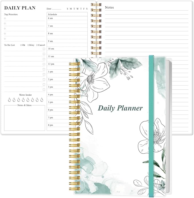 Daily Planner Undated - A5 To Do List Notebook Hourly Schedules, Spiral Appointment Planner for Women and Men, PVC Hardcover, Inner Pocket, Elastic Closure, 5.8" x 8.3", Teal Flowers-CubbioJoy