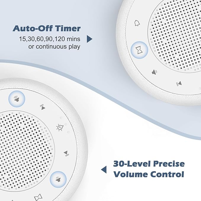 Buffbee Sound Machine & Alarm Clock 2-in-1, 0-100% Clock Face Brightness, Bottom Colored Light, Sleep Timer, Precise 30-Level Volume Control White Noise Machine - White-CubbioJoy