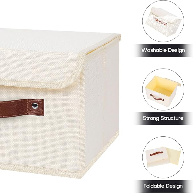 ANMINY Storage Bin with Lid Storage Boxes with PU Leather Handles PP Plastic Board Decorative Foldable Lidded Cotton Linen Fabric Home Cubes Baskets Closet Organizer Container - Beige, Small Size-CubbioJoy