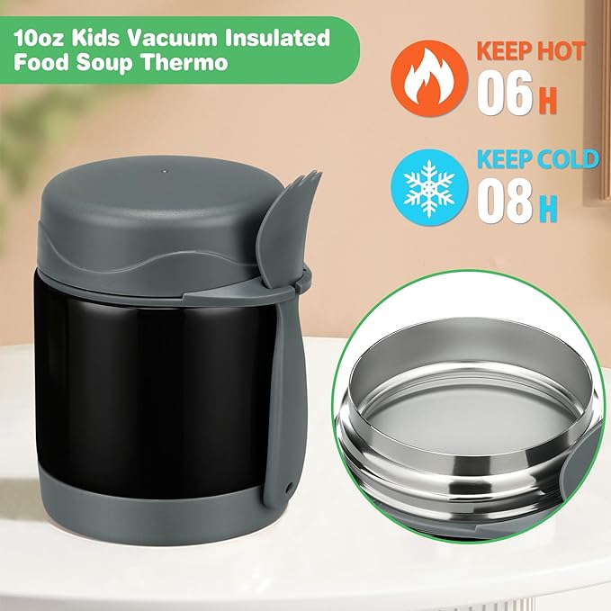 Bento Lunch Box Set With 10oz Soup Thermo, Leak-proof Lunch Containers with 4 Compartment, Kids Hot Thermo Food Jar/Insulation Lunch Bag, Food Containers for School (Black)-CubbioJoy