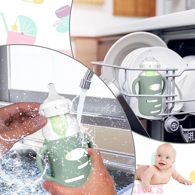 BUSOHA 3 Pack Silicone Sleeves for Dr Brown's Glass Baby Bottles - Drop Protection Baby Bottle Sleeves,Compatible with Dr. Brown's Newborn Glass Bottles,with Silicone Handles,9 oz-CubbioJoy