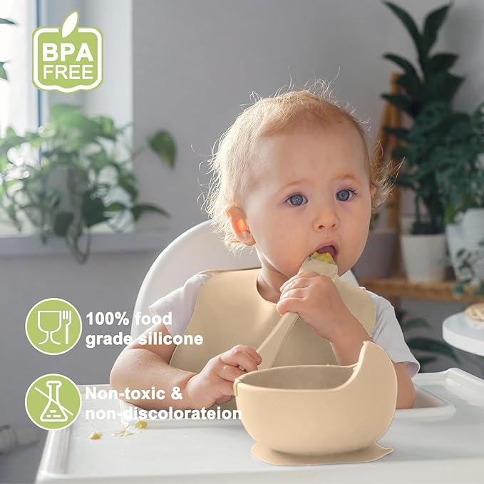 Silicone Baby Feeding Set | Baby Led Weaning Supplies Includes Suction Bowls and Divided Plates, Adjustable Bib, Baby Utensils Spoons and Forks,Cup | Baby Feeding Essentials (Beige)-CubbioJoy