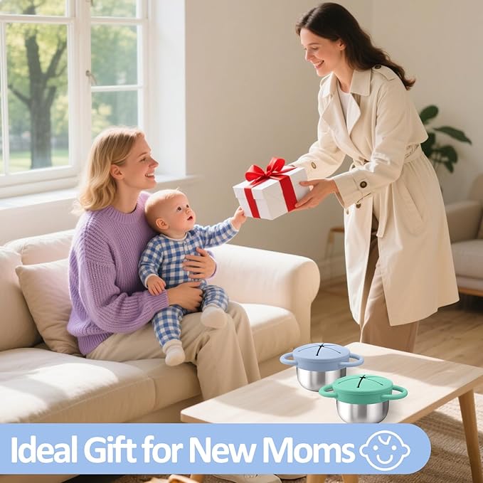 BUSOHA 2 Pack Stainless Steel Toddler Snack Cups - 9 OZ Spill-Proof Baby Snack Containers with Silicone Catcher and Lid Travel Snack Containers for Kids Food Grade Silicone Dishwasher Safe-CubbioJoy