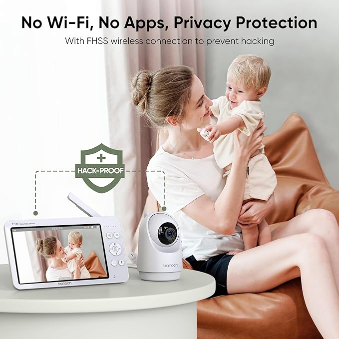 bonoch MegaView Baby Monitor with Camera and Audio, 7" 720P HD Video Baby Monitor No WiFi, 6000mAh Battery, VOX Mode, Auto Night Vision, Hack Proof, Remote PTZ, Baby Camera Monitor-CubbioJoy